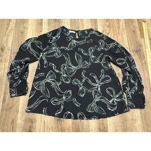 Maurices Blouse Women's Size Small Black White Bow Printed Long Sleeve